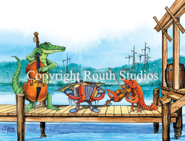 Louisiana Greeting Cards - Cajun Greeting Cards - Pier Party Musicians Note cards features an alligator playing base, the crab on the accordion and a crawfish fiddler